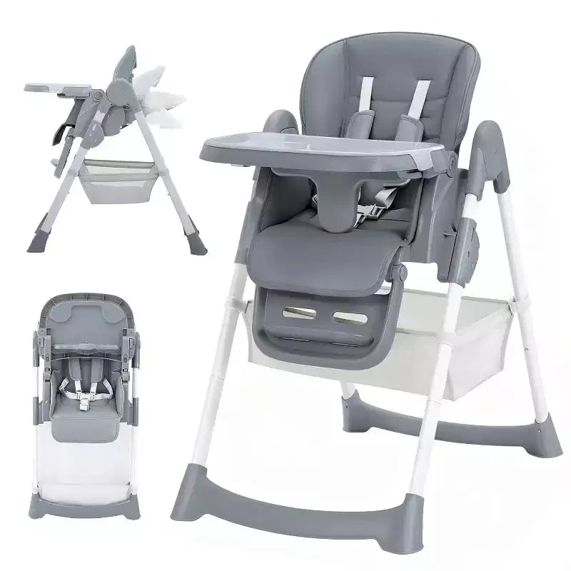 Chaise Haute pour Enfants, Chaise Haute Pliable pour Tout-petits, Chaise Haute en Cuir PU avec Plateau Amovible, Harnais de Sécurité 5 Points et Roues Verrouillables