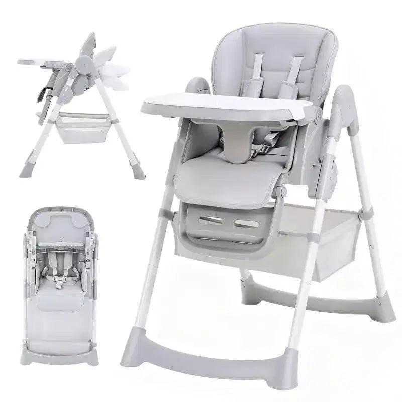 Chaise Haute pour Enfants, Chaise Haute Pliable pour Tout-petits, Chaise Haute en Cuir PU avec Plateau Amovible, Harnais de Sécurité 5 Points et Roues Verrouillables