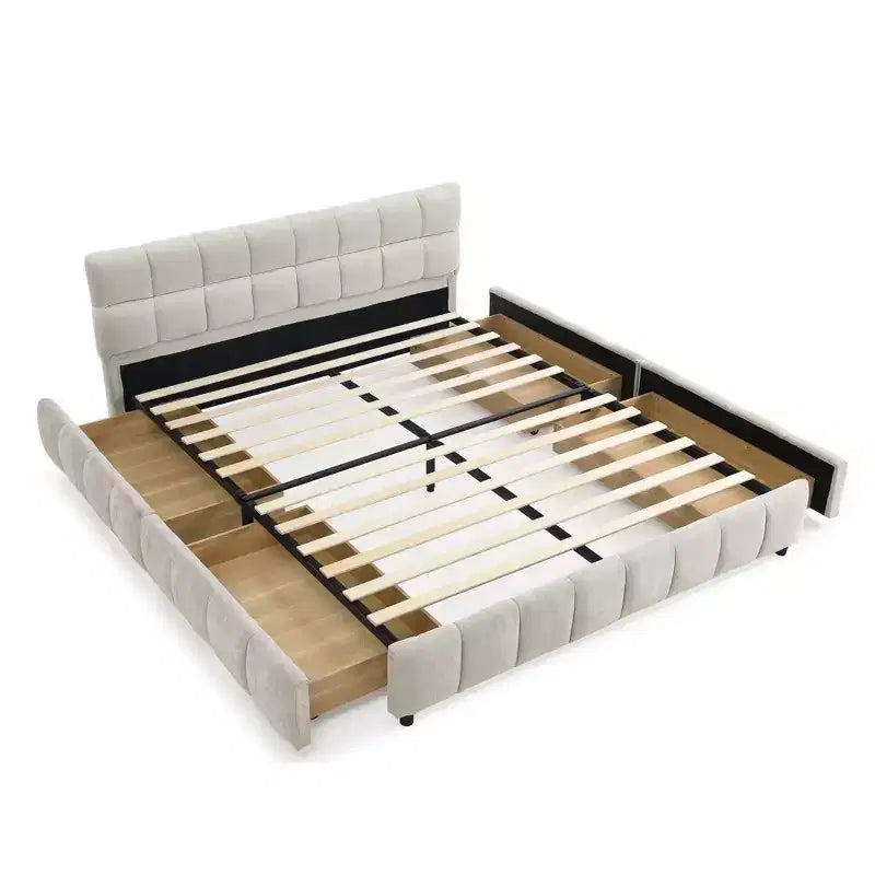 Letto imbottito Queen/King/California King size con cassetti contenitore, letto a piattaforma in ciniglia con testiera e struttura solida per camera da letto