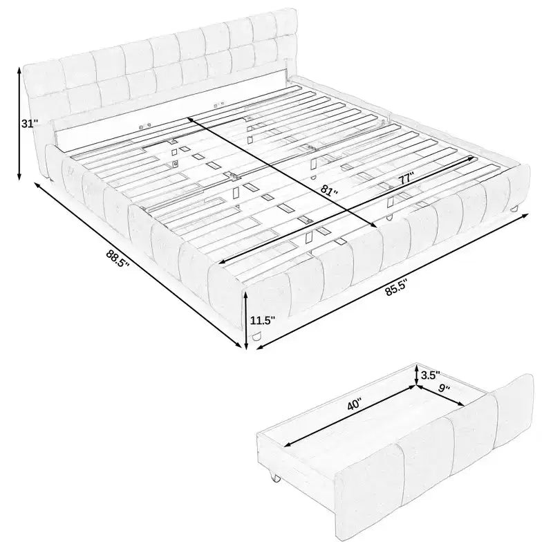 Letto imbottito Queen/King/California King size con cassetti contenitore, letto a piattaforma in ciniglia con testiera e struttura solida per camera da letto