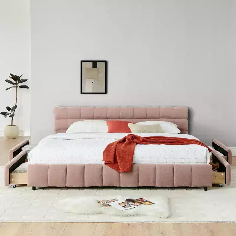 Letto imbottito Queen/King/California King size con cassetti contenitore, letto a piattaforma in ciniglia con testiera e struttura solida per camera da letto