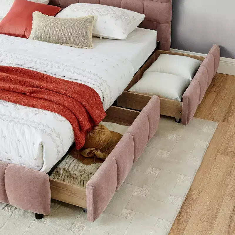 Letto imbottito Queen/King/California King size con cassetti contenitore, letto a piattaforma in ciniglia con testiera e struttura solida per camera da letto