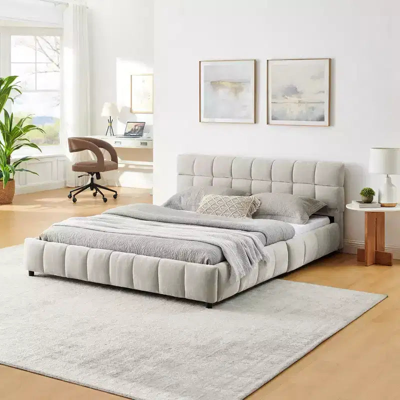 Letto imbottito Queen/King/California King size con cassetti contenitore, letto a piattaforma in ciniglia con testiera e struttura solida per camera da letto