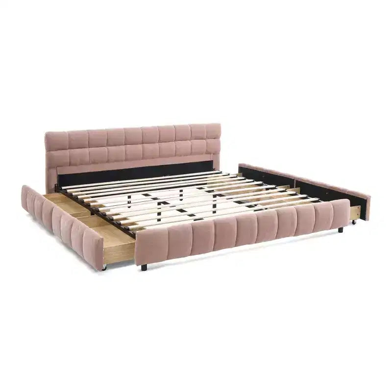 Letto imbottito Queen/King/California King size con cassetti contenitore, letto a piattaforma in ciniglia con testiera e struttura solida per camera da letto