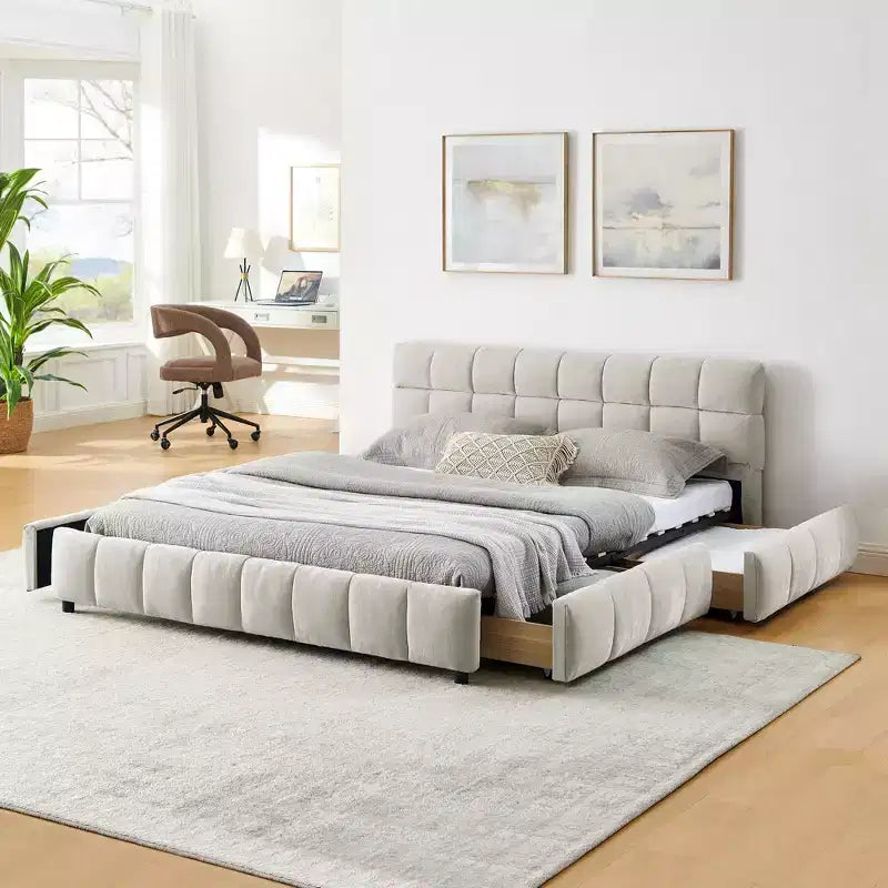 Letto imbottito Queen/King/California King size con cassetti contenitore, letto a piattaforma in ciniglia con testiera e struttura solida per camera da letto