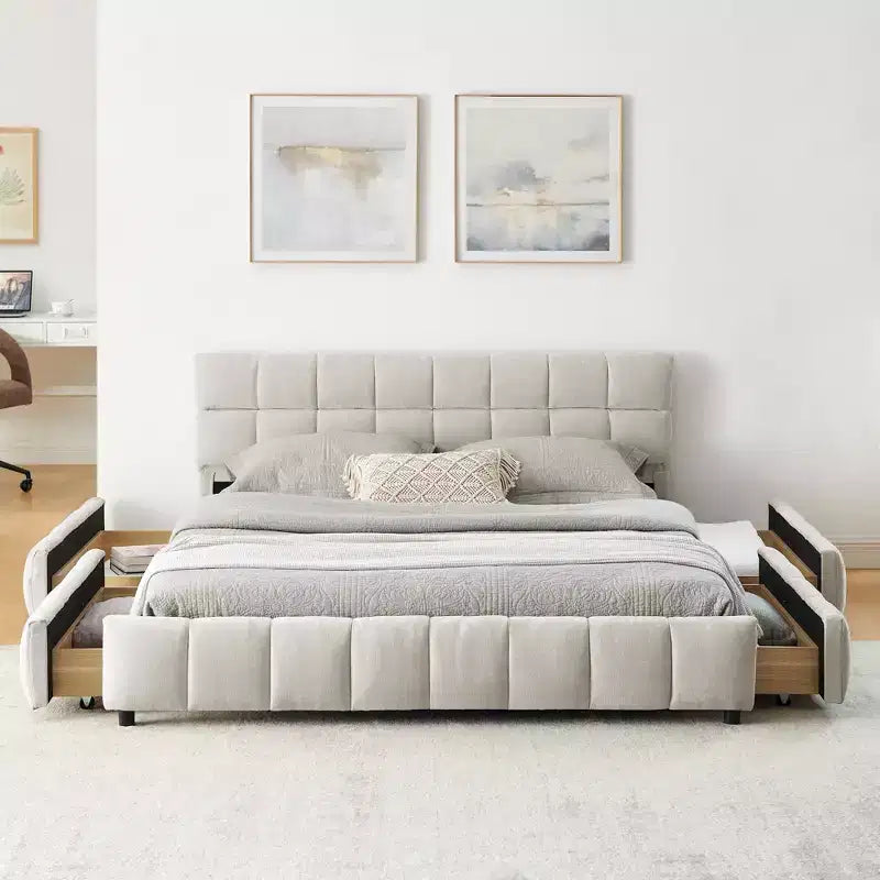 Letto imbottito Queen/King/California King size con cassetti contenitore, letto a piattaforma in ciniglia con testiera e struttura solida per camera da letto