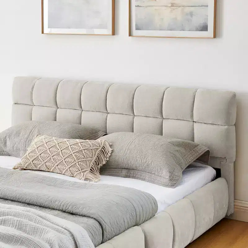 Letto imbottito Queen/King/California King size con cassetti contenitore, letto a piattaforma in ciniglia con testiera e struttura solida per camera da letto