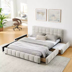 Queen/King/California King Size Upholstered Bed Frame with Storage Drawers, Chenille Platform Bed with Headboard and Solid Frame for Bedroom