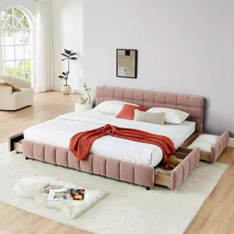 Cadre de lit rembourré avec tiroirs de rangement, taille Queen/King/California King, lit plateforme en chenille avec tête de lit et cadre solide pour chambre à coucher