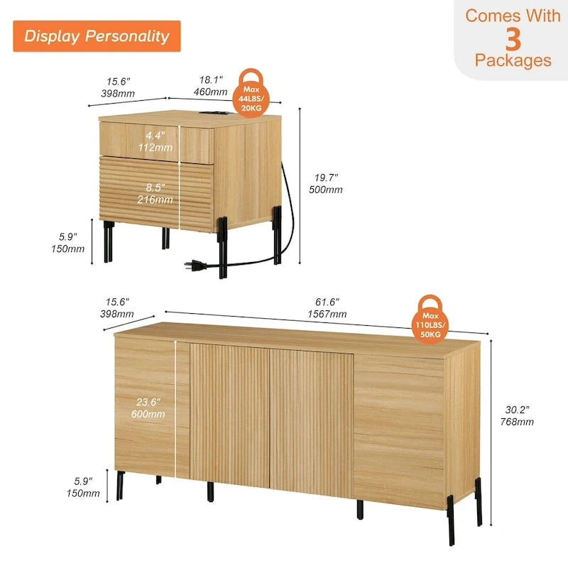 Ensemble de meubles de chambre modernes WAMPAT 3 pièces, comprenant un buffet, et un ensemble de 2 tables de nuit,