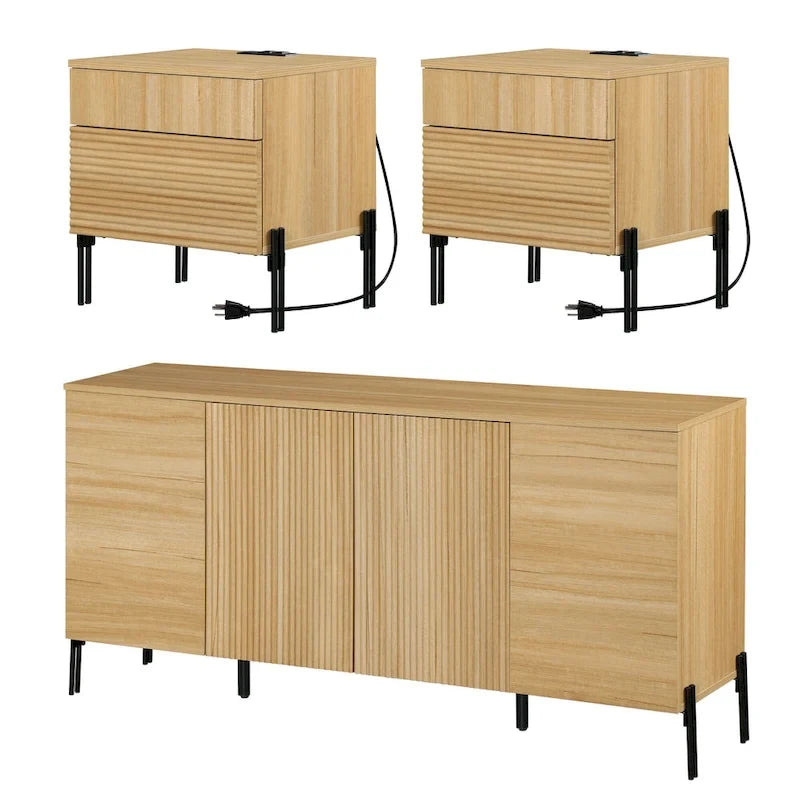 Ensemble de meubles de chambre modernes WAMPAT 3 pièces, comprenant un buffet, et un ensemble de 2 tables de nuit,