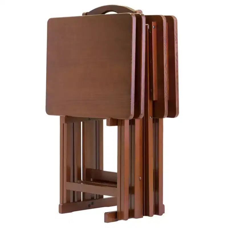 5pc Alex Snack Table Set Walnut Brown - Winsome: Solid Wood, Foldable, Storage Stand Included