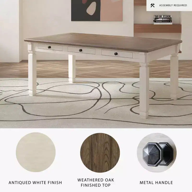 Table de salle à manger crème - Signature Design by Ashley : style ferme, 6 tiroirs, plateau rustique en planches