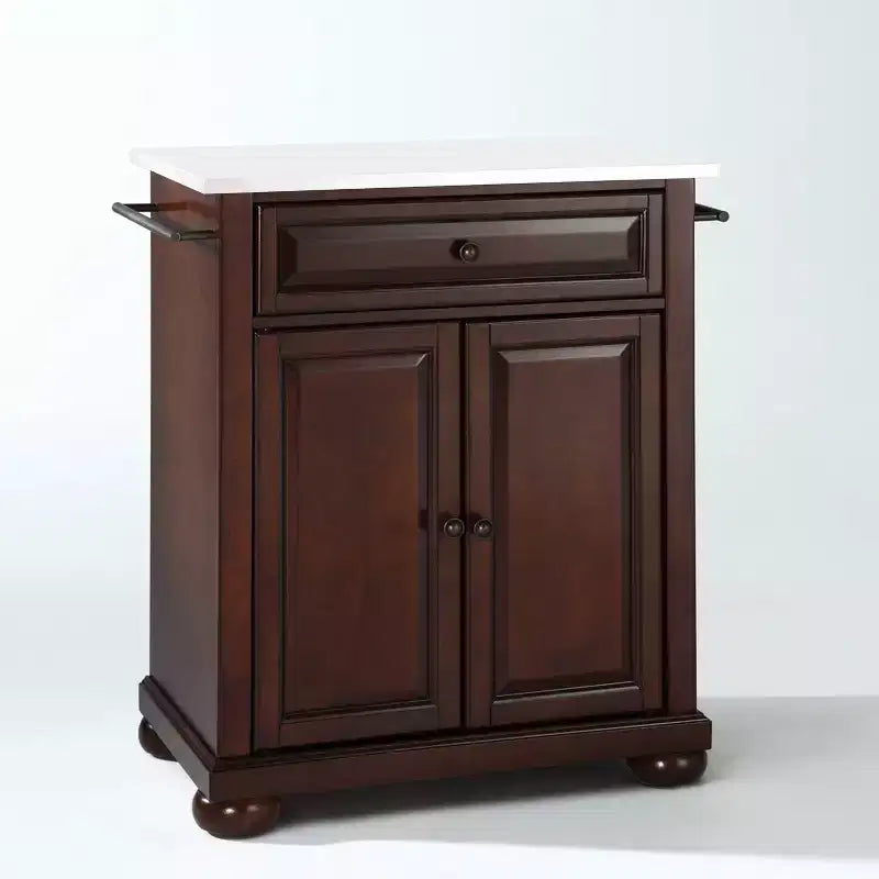 Alexandria Stone Top Portable Kitchen Island/Cart Mahogany/White - Crosley: MDF Frame, Stone Surface, Towel Bar, 2 Doors