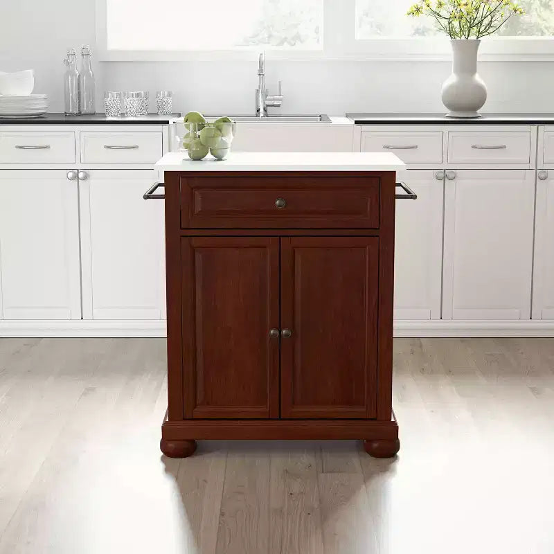 Îlot/Dessert de cuisine portable Alexandria Stone Top Acajou/Blanc - Crosley : Cadre en MDF, surface en pierre, porte-serviettes, 2 portes