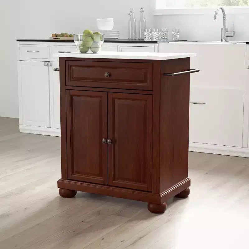 Îlot/Dessert de cuisine portable Alexandria Stone Top Acajou/Blanc - Crosley : Cadre en MDF, surface en pierre, porte-serviettes, 2 portes