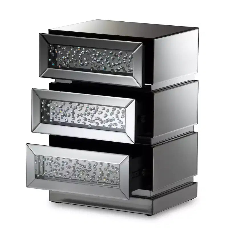 Comodino a 3 cassetti Sabrina Hollywood Regency Glamour Style con specchio - Baxton Studio