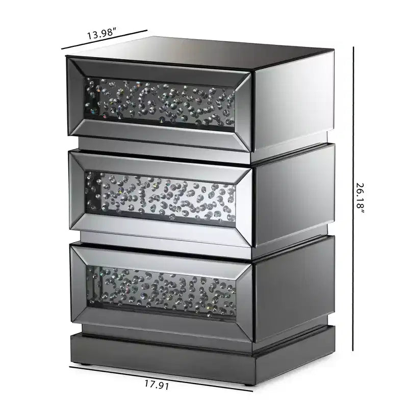 Comodino a 3 cassetti Sabrina Hollywood Regency Glamour Style con specchio - Baxton Studio