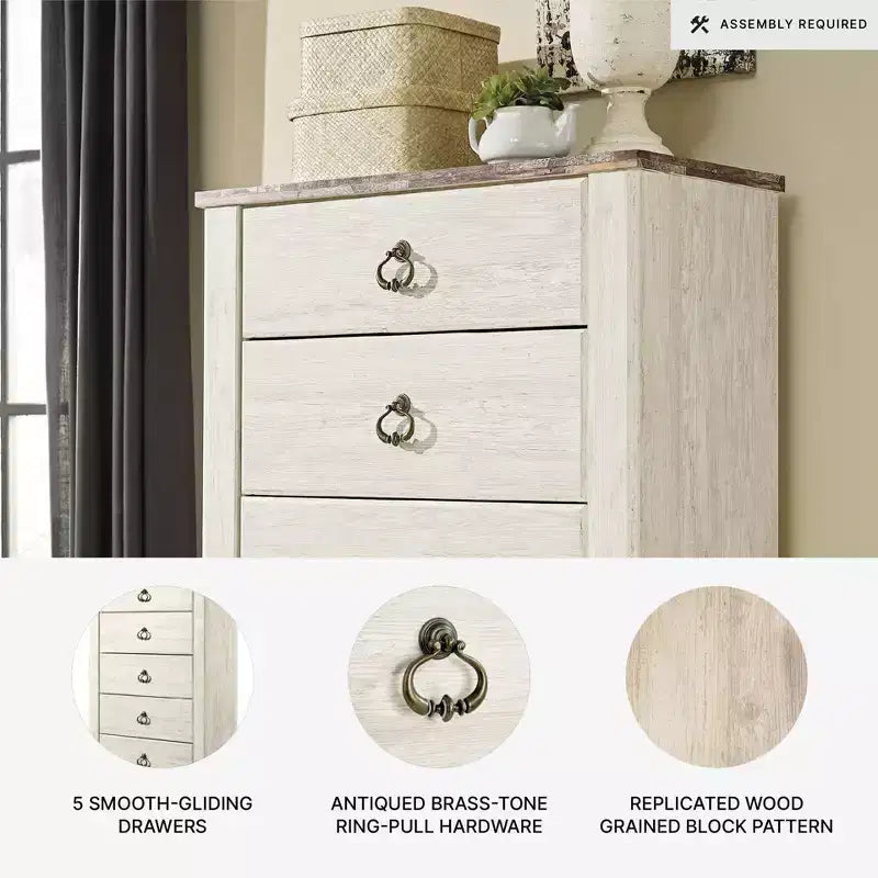 Cassettiera Willowton Signature Design by Ashley, colore crema: cassettiera a 5 cassetti in legno per camera da letto, conforme agli standard ASTM