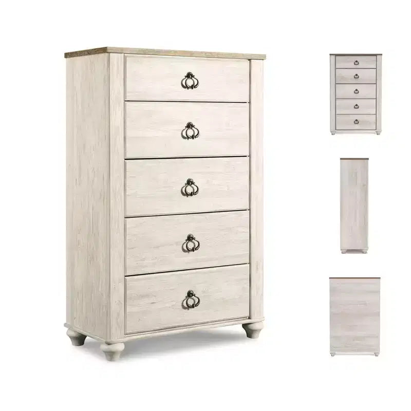 Cassettiera Willowton Signature Design by Ashley, colore crema: cassettiera a 5 cassetti in legno per camera da letto, conforme agli standard ASTM