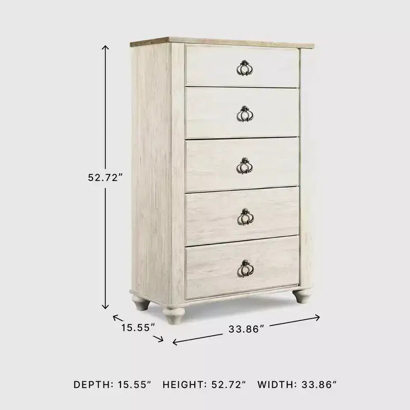 Cassettiera Willowton Signature Design by Ashley, colore crema: cassettiera a 5 cassetti in legno per camera da letto, conforme agli standard ASTM