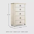 Cassettiera Willowton Signature Design by Ashley, colore crema: cassettiera a 5 cassetti in legno per camera da letto, conforme agli standard ASTM