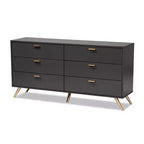 Commode 6 tiroirs Kelson Wood gris foncé/doré - Baxton Studio : Meuble de rangement moderne pour chambre à coucher