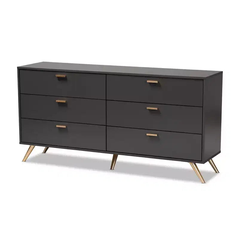 Commode 6 tiroirs Kelson Wood gris foncé/doré - Baxton Studio : Meuble de rangement moderne pour chambre à coucher