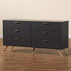 Commode 6 tiroirs Kelson Wood gris foncé/doré - Baxton Studio : Meuble de rangement moderne pour chambre à coucher