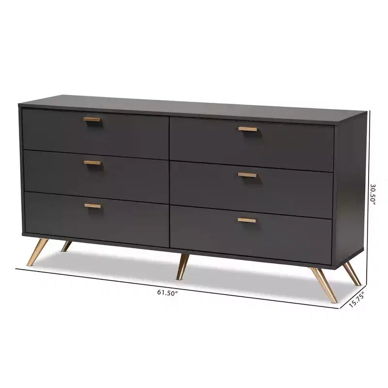 Commode 6 tiroirs Kelson Wood gris foncé/doré - Baxton Studio : Meuble de rangement moderne pour chambre à coucher