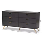 Commode 6 tiroirs Kelson Wood gris foncé/doré - Baxton Studio : Meuble de rangement moderne pour chambre à coucher