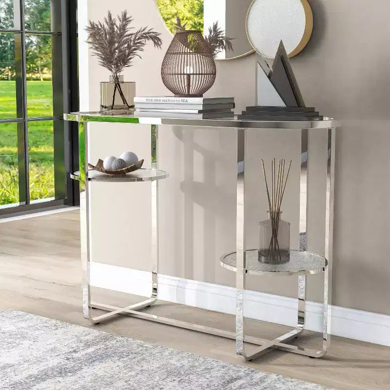 Calloun Glam Tavolino da divano a 2 ripiani cromato - HOMES: Inside + Out: Ovale, vetro temperato, struttura in metallo