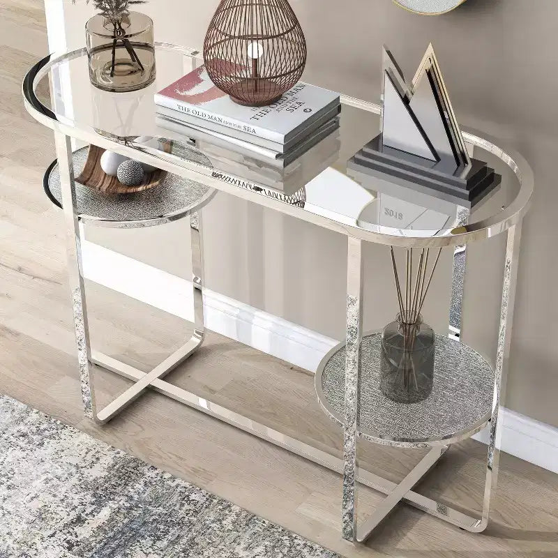 Calloun Glam Tavolino da divano a 2 ripiani cromato - HOMES: Inside + Out: Ovale, vetro temperato, struttura in metallo