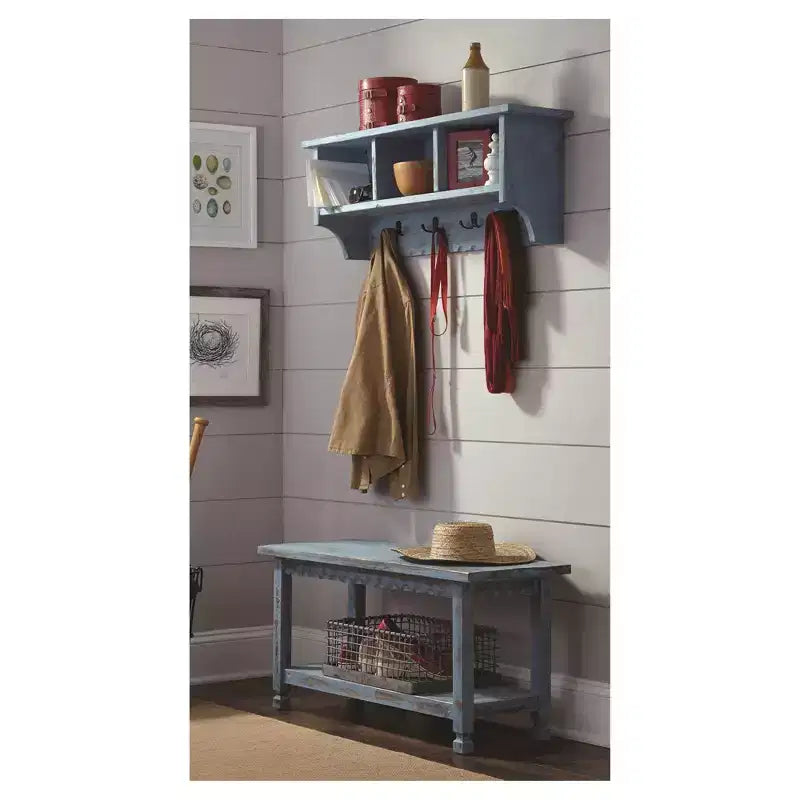 Ensemble porte-manteaux et banc de rangement en bois vieilli style cottage - Meubles Alaterre