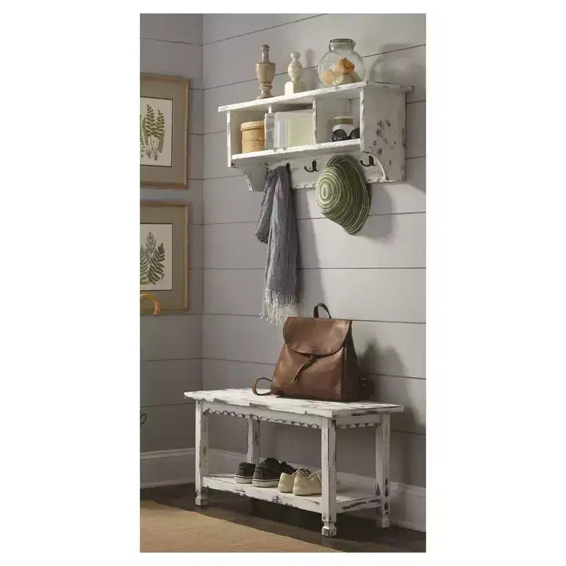 Ensemble porte-manteaux et banc de rangement en bois vieilli style cottage - Meubles Alaterre