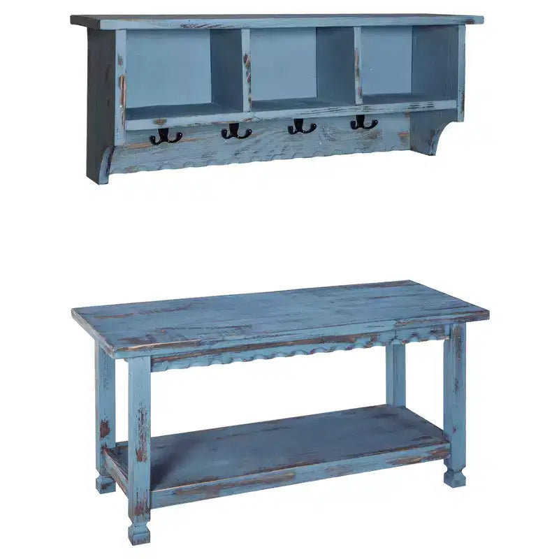 Country Cottage Antiqued Wood Coat Hooks and Storage Bench Set - Alaterre Furniture