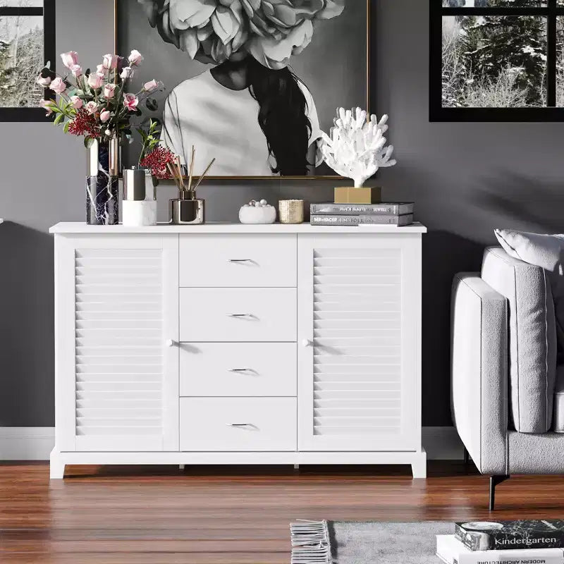 HOMCOM Buffet/Meuble de Rangement Moderne 119 cm avec Tiroirs et Portes à Lattes - Blanc