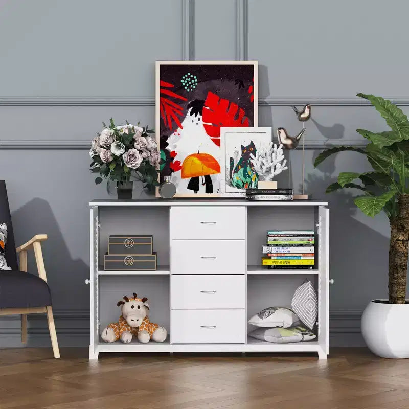 HOMCOM Buffet/Meuble de Rangement Moderne 119 cm avec Tiroirs et Portes à Lattes - Blanc