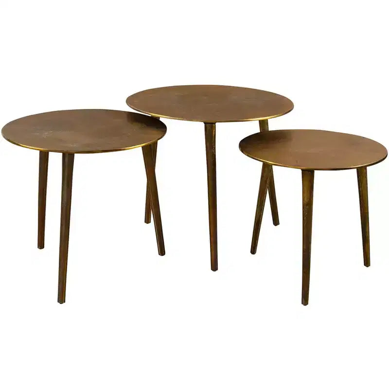 Set di 3 tavolini rotondi a incastro Uttermost Modern in metallo color oro anticato, con tre gambe affusolate, per soggiorno, camera da letto, comodino, ingresso
