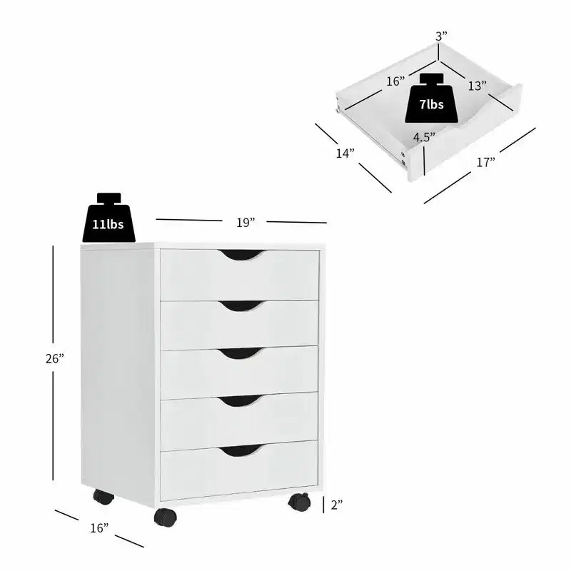 Cassettiera Costway a 5 cassetti mobile contenitore con ruote per casa ufficio bianco