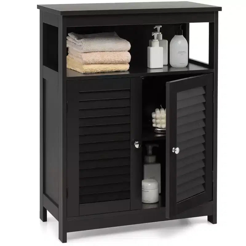 Costway Mobile Contenitore da Bagno con Doppia Anta a Persiana in Legno Colore Caffè/Nero/Bianco