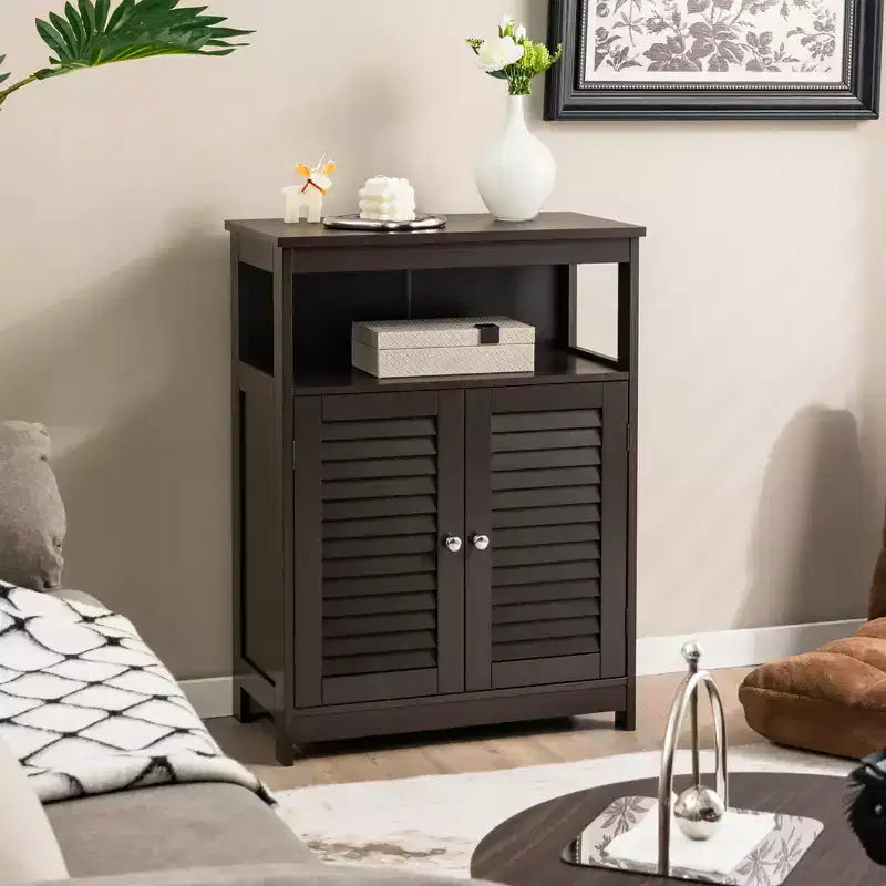 Costway Mobile Contenitore da Bagno con Doppia Anta a Persiana in Legno Colore Caffè/Nero/Bianco