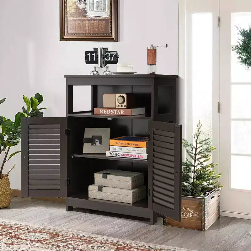 Costway Mobile Contenitore da Bagno con Doppia Anta a Persiana in Legno Colore Caffè/Nero/Bianco
