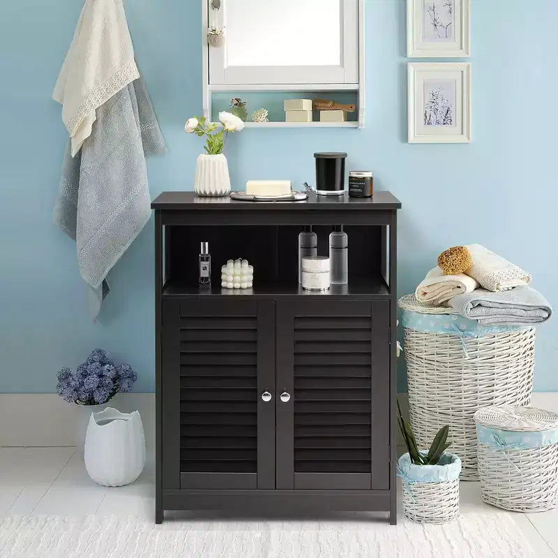 Costway Mobile Contenitore da Bagno con Doppia Anta a Persiana in Legno Colore Caffè/Nero/Bianco