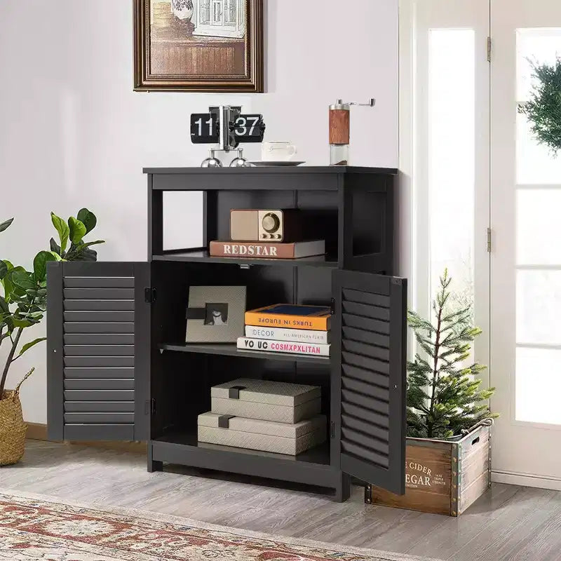 Costway Mobile Contenitore da Bagno con Doppia Anta a Persiana in Legno Colore Caffè/Nero/Bianco