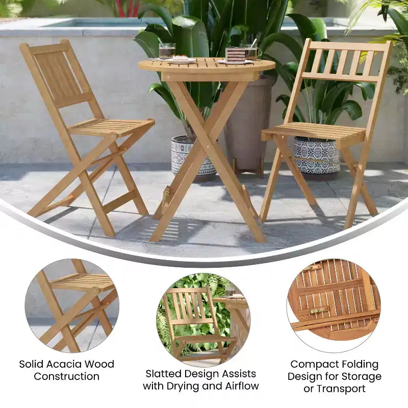 Merrick Lane Ensemble de Bistro Pliant Trois Pièces en Bois d'Acacia Massif avec Table Ronde Légère et Deux Chaises, Naturel