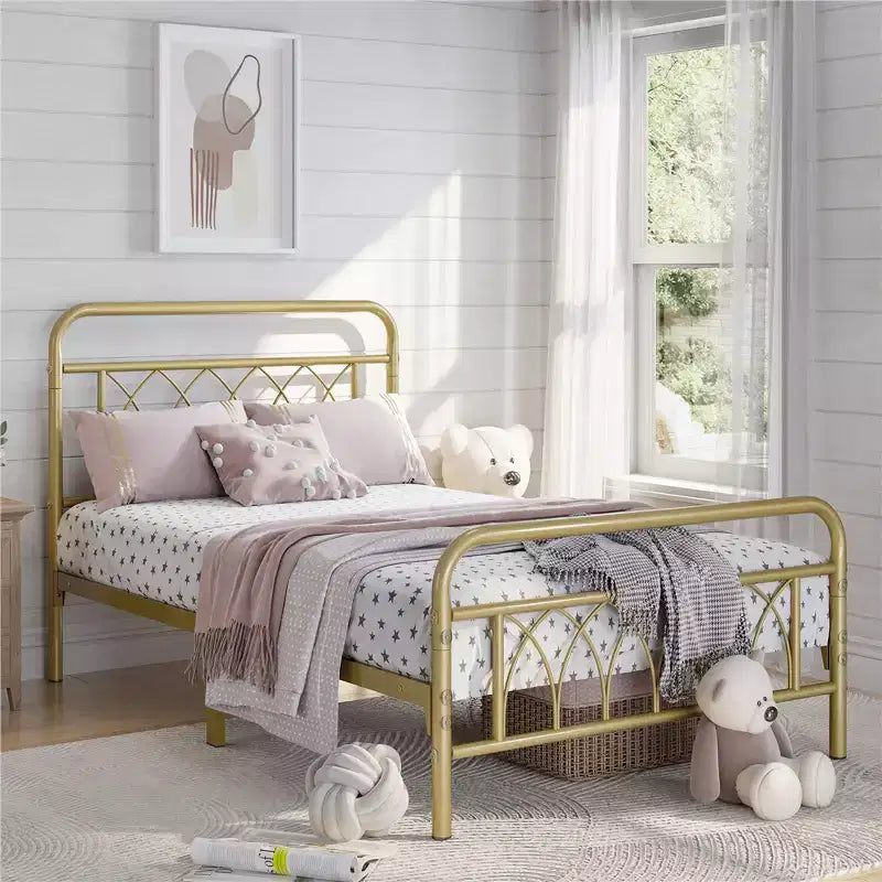 Struttura letto in metallo Yaheetech con testiera e pediera decorate a petali