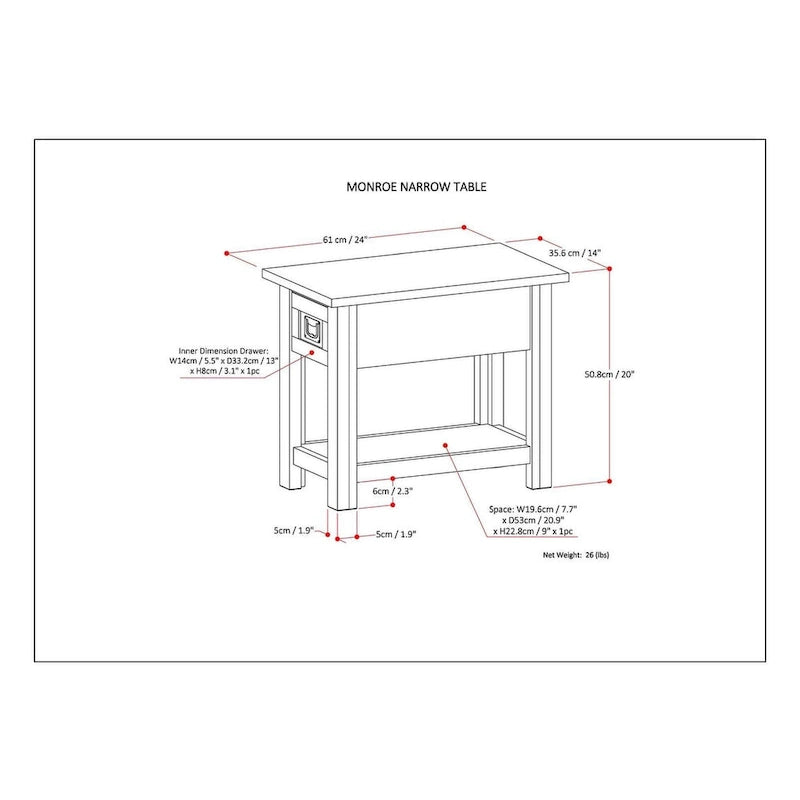 WYNDENHALL Garret Table d'appoint rectangulaire rustique étroite en BOIS D'ACACIA MASSIF de 14 pouces de large - 14 L x 24 P x 20 H